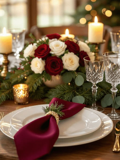 Early Booking for Holiday Catering Elegant holiday table setting with white plates, a burgundy napkin, crystal glasses, lit candles, and a festive centerpiece of red and white roses with greenery. Warm lighting creates a cozy, inviting atmosphere.