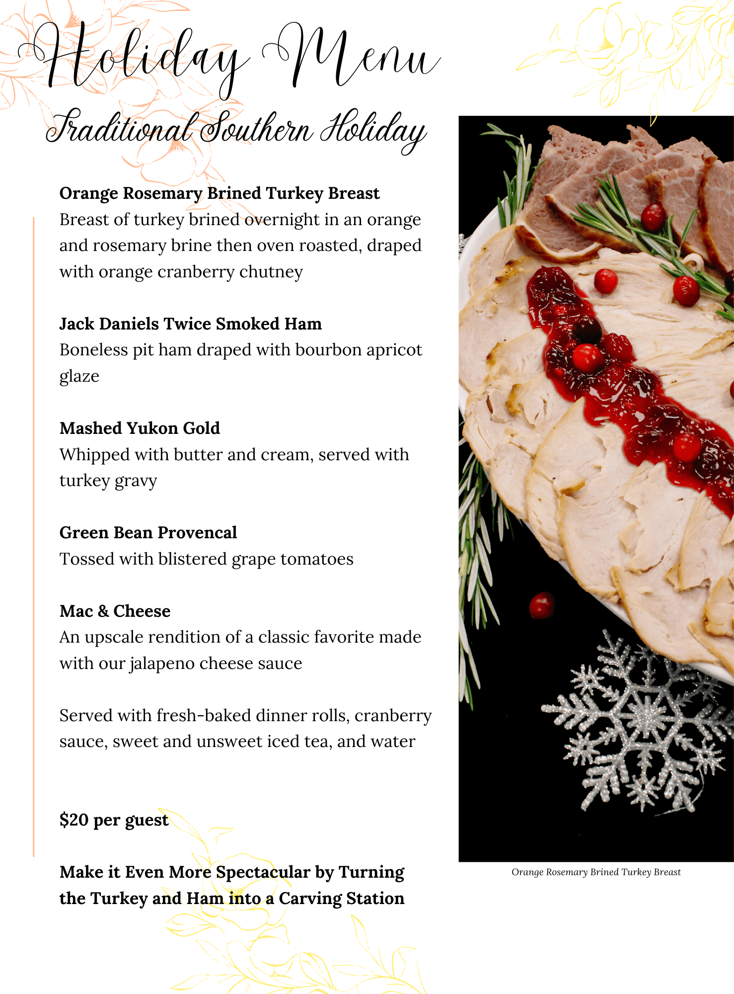 A festive holiday menu lists traditional southern dishes with descriptions beside an image of sliced turkey breast garnished with cranberries and rosemary on a white plate.