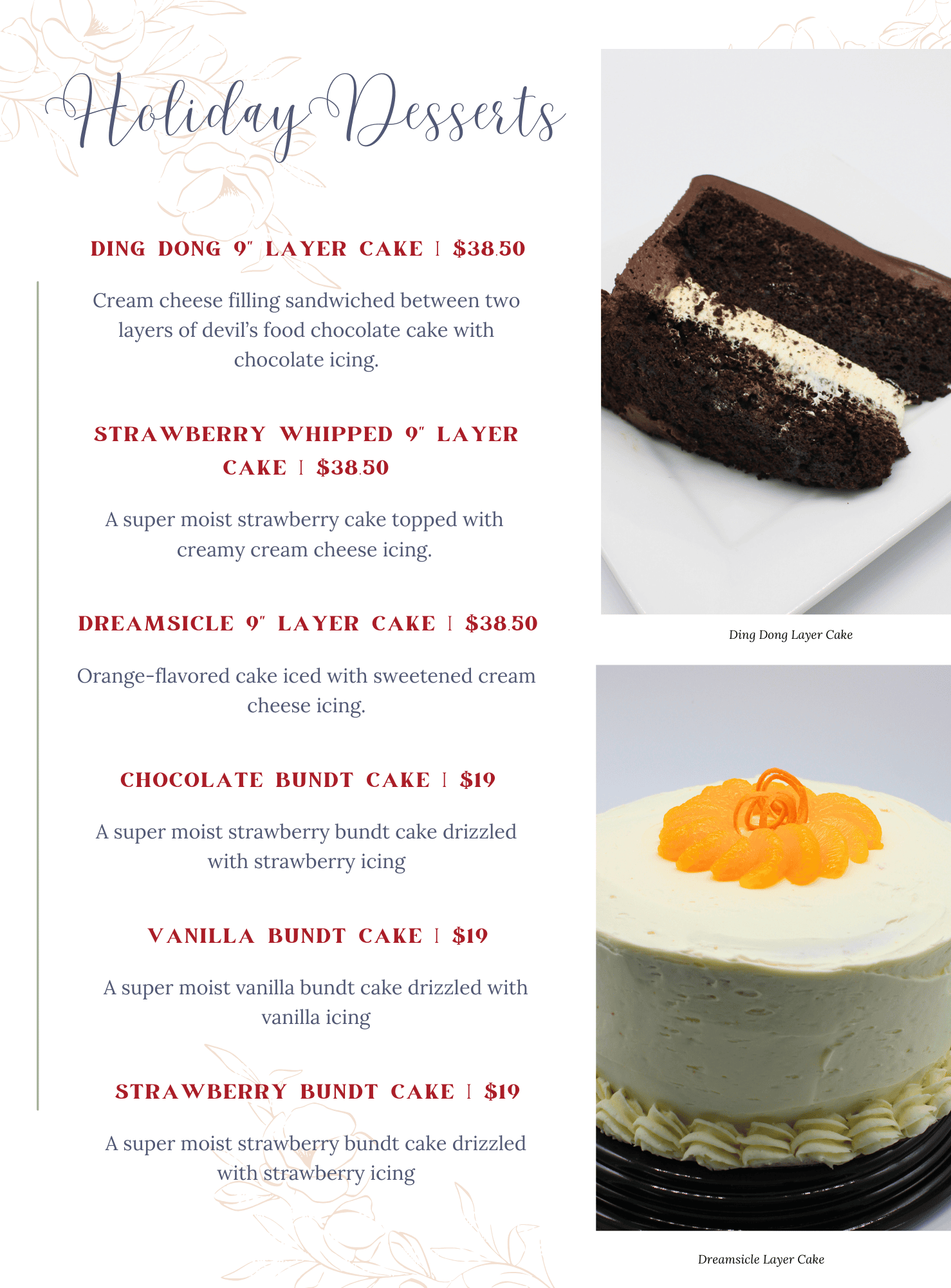 A dessert menu features five cakes with descriptions and prices. On the right, there’s a slice of chocolate layer cake and a whole frosted cake decorated with orange slices and a flower.
