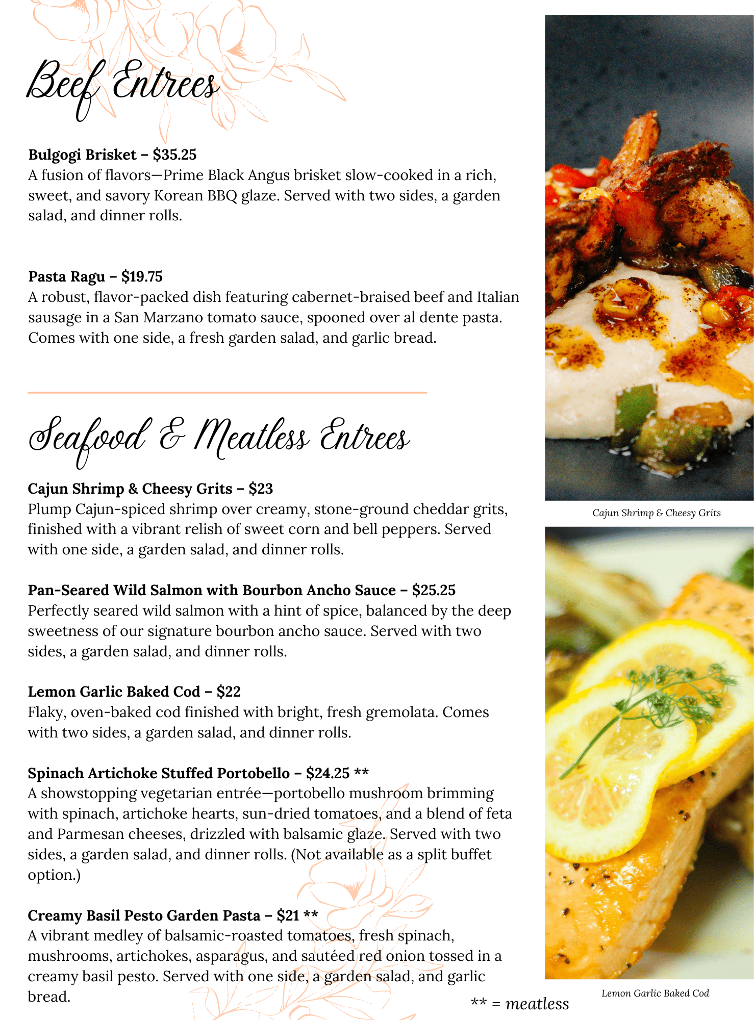 Wedding Menu 3 Menu with sections for Beef Entrées, Seafood & Meatless Entrées. Dishes include Bulgogi Brisket, Pasta Ragu, Cajun Shrimp & Cheesy Grits, and more. Photos show shrimp with vegetables and lemon garlic branzino.
