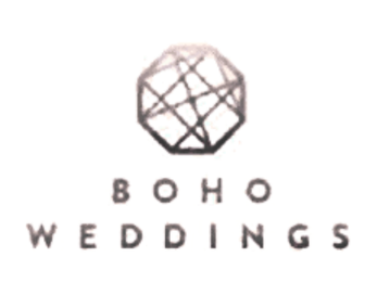 “ (5) A geometric, faceted sphere logo appears above the words BOHO WEDDINGS in a modern, minimalist font.