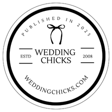 “ (6) Black and white circular Wedding Chicks logo, features a bow at the top, Published in 2025, ESTD 2008, and weddingchicks.com at the bottom.