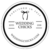 “ (7) A circular Wedding Chicks logo with a bow at the top, Published in 2023, ESTD 2008, and weddingchicks.com at the bottom, all in black and white.