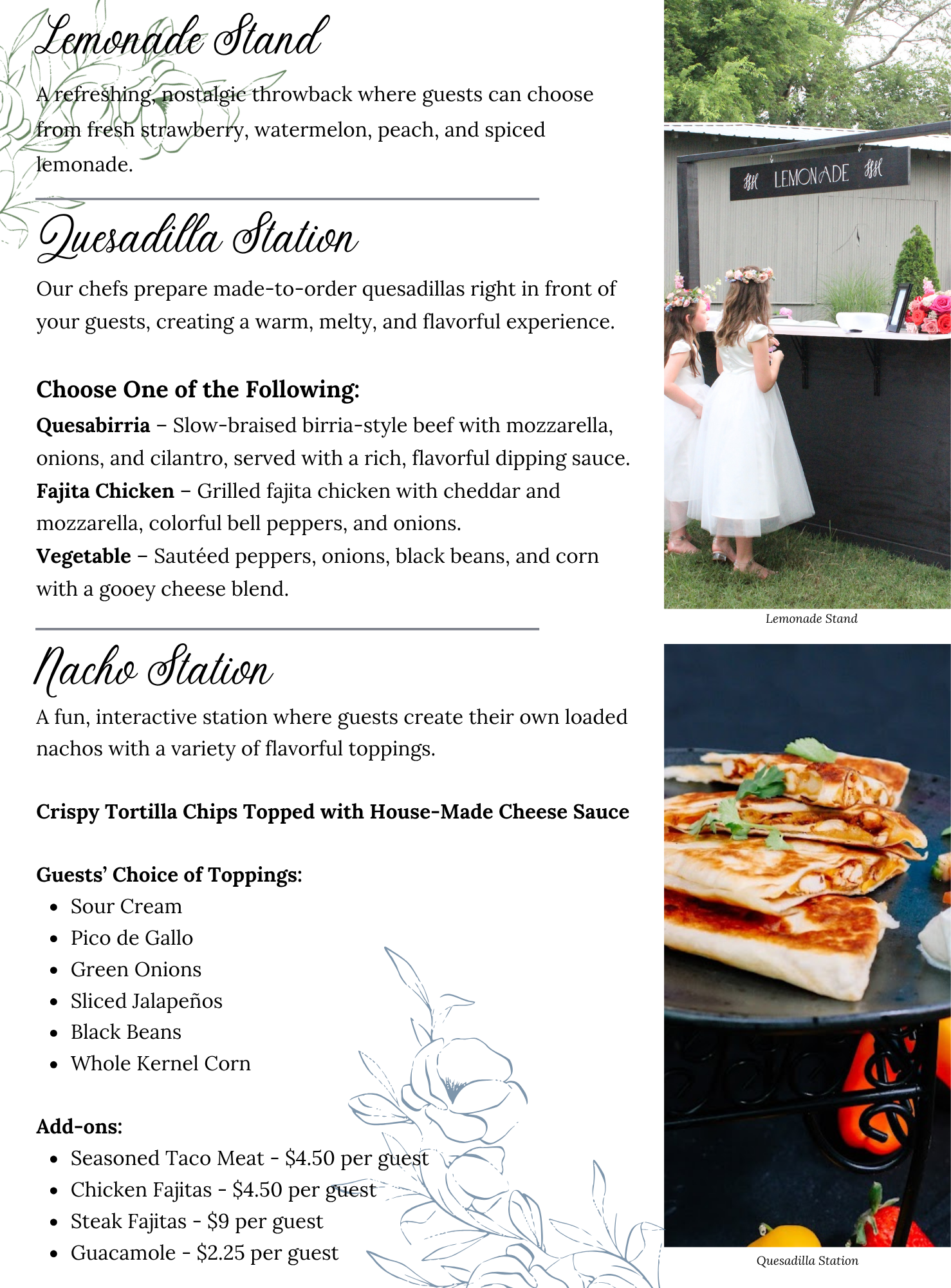 A lemonade stand with a blackboard sign, jars of drinks, and three children standing in front. Below, a table displays Mexican food with various toppings in bowls for a quesadilla station.