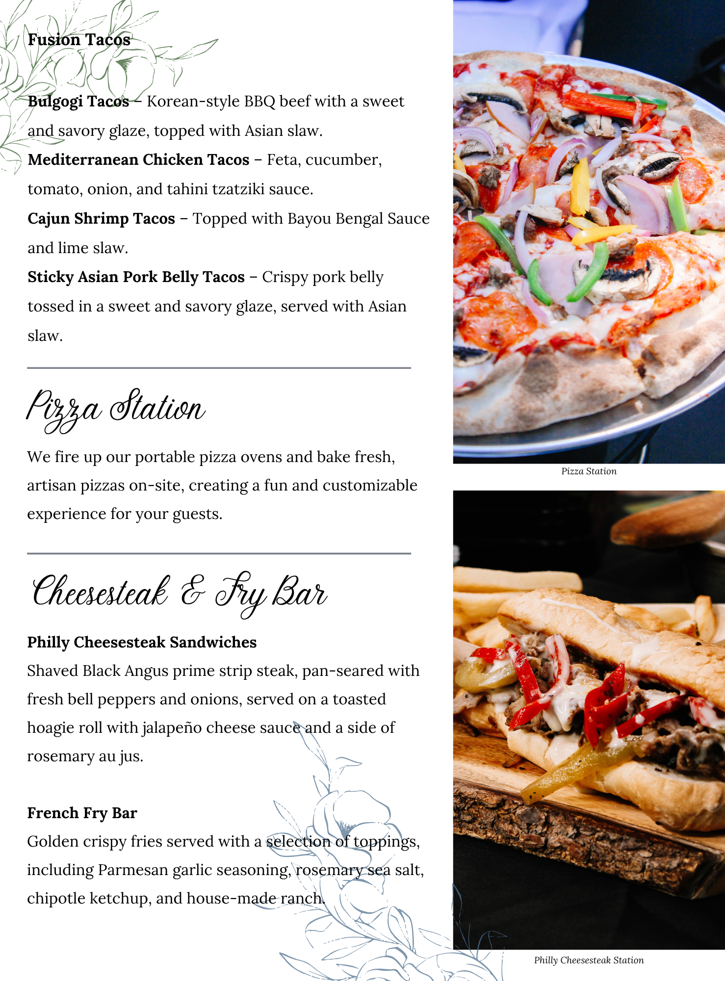A restaurant menu with sections for fusion tacos, pizza, and cheesesteak & fry bar, featuring photos of a wood-fired pizza and a Philly cheesesteak. The menu lists detailed food descriptions.