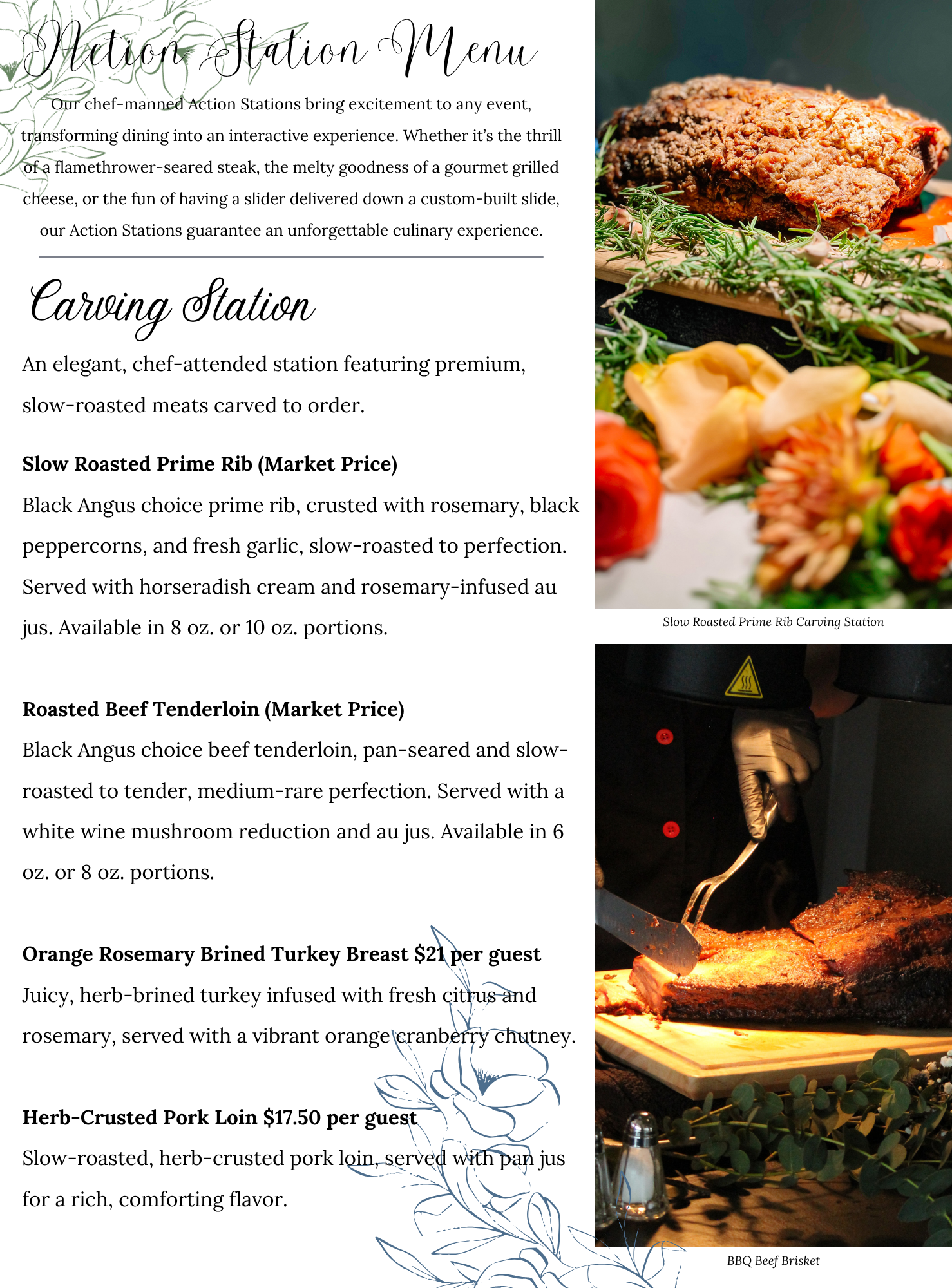Action Station Menu with descriptions and prices for slow-roasted meats, including prime rib, tenderloin, turkey, and brisket. Includes images of sliced prime rib carving and BBQ beef brisket. Elegant, neutral design with floral accents.