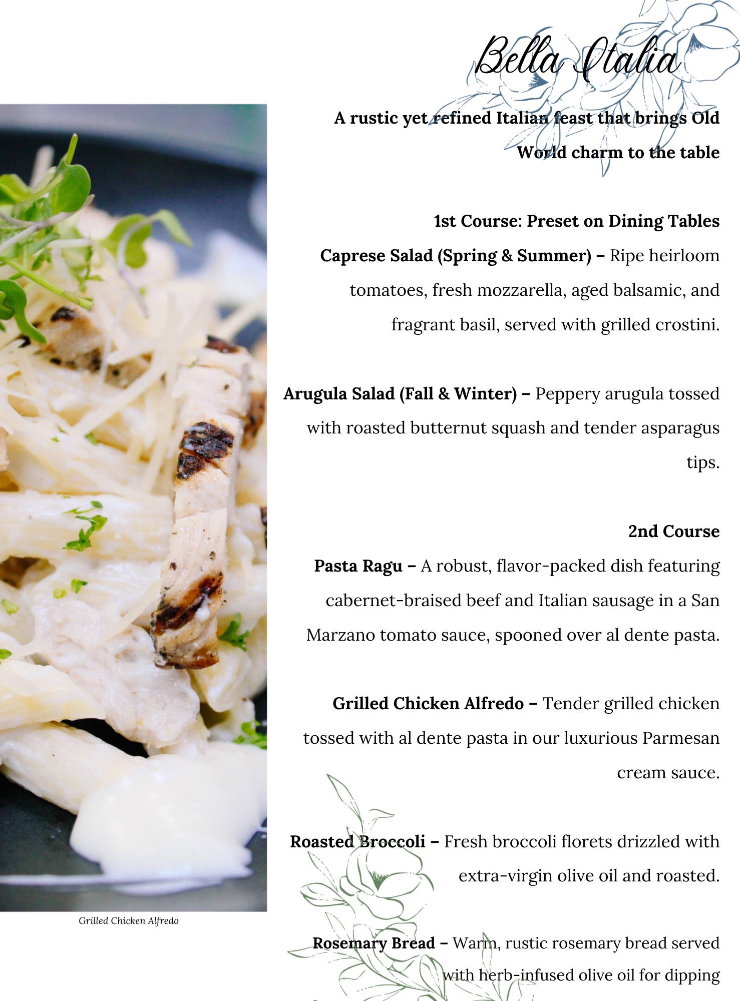 Family Style (2) A restaurant menu on a white background with light green floral sketches, listing Italian dishes such as Caprese Salad, Arugula Salad, Pasta Ragu, Grilled Chicken Alfredo, Roasted Broccoli, and Rosemary Bread. Grilled chicken pasta is pictured.