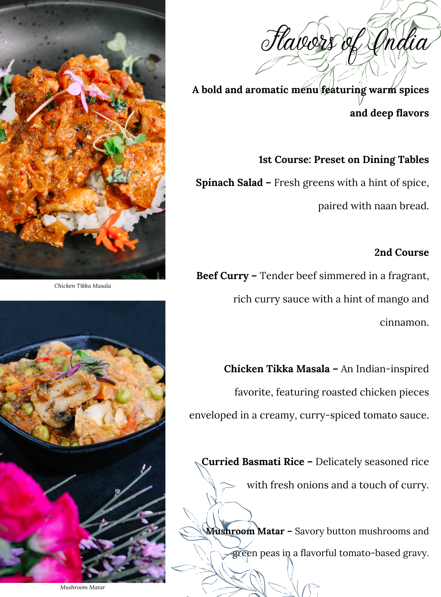 Family Style (6) A menu for Flavors of India with images of Chicken Tikka Masala and Mushroom Matar. The menu lists curry beef, spinach salad, basmati rice, naan bread, and flavorful Indian dishes.