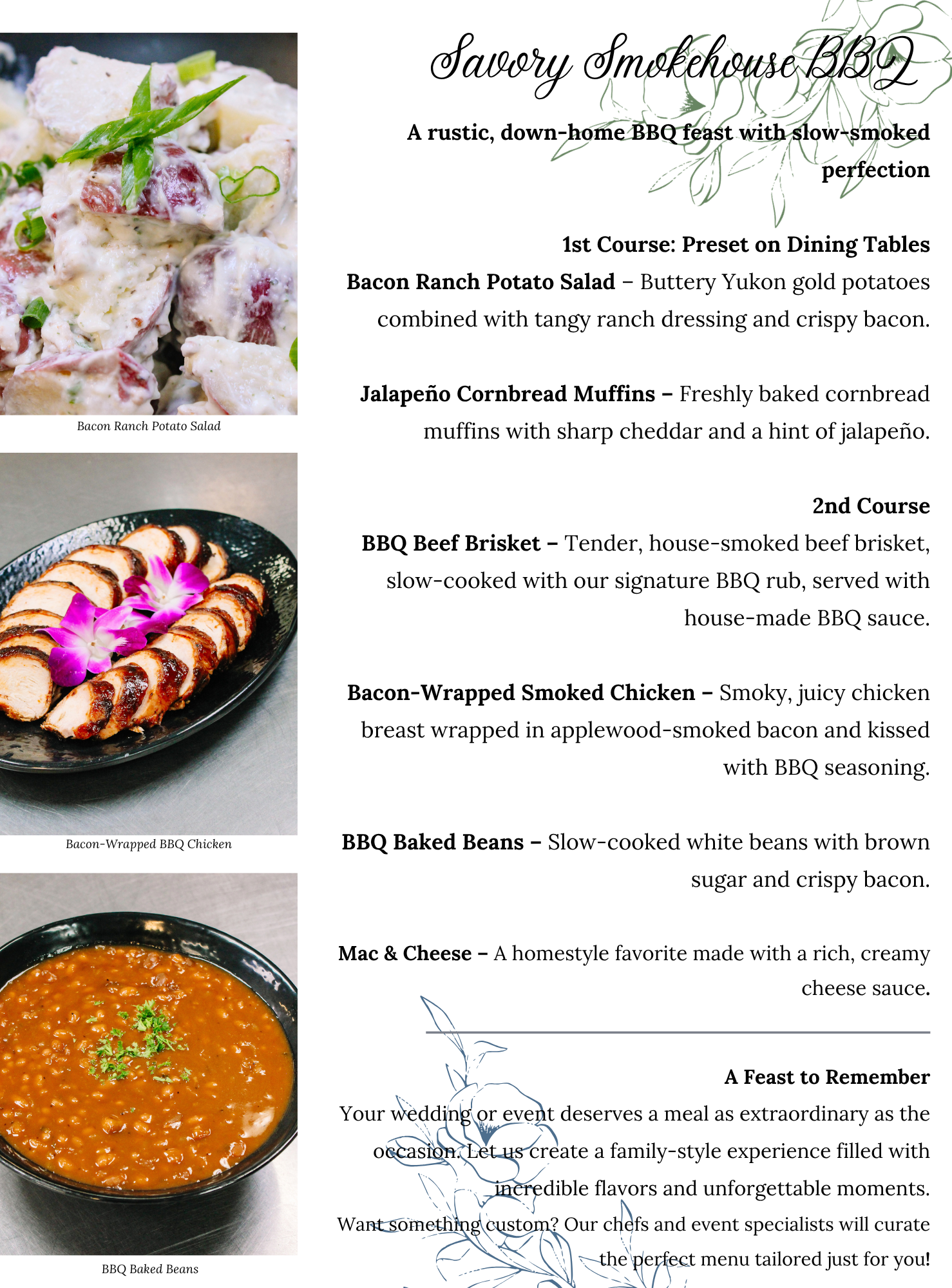Family Style (8) A BBQ menu featuring dishes like bacon ranch potato salad, jalapeño corn muffins, brisket, bacon-wrapped chicken, baked beans, and mac & cheese, with decorative floral accents and images of the dishes.