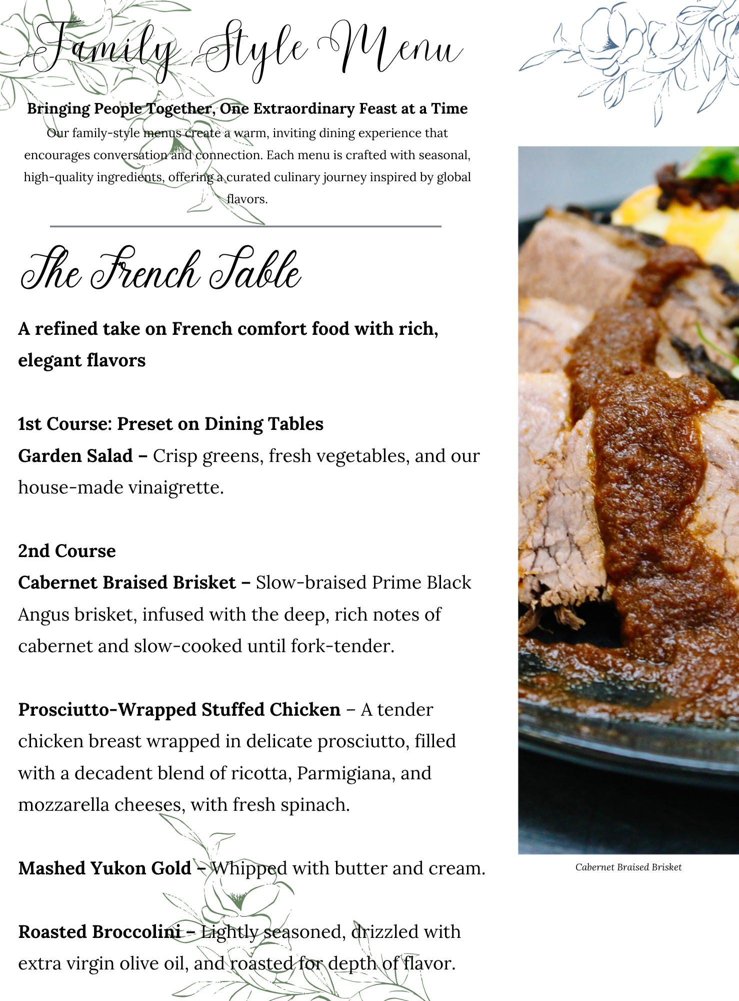 Family Style A family-style French table menu lists garden salad, cabernet braised brisket, prosciutto-wrapped stuffed chicken, mashed Yukon gold potatoes, and roasted broccolini, with a photo of cabernet braised brisket.