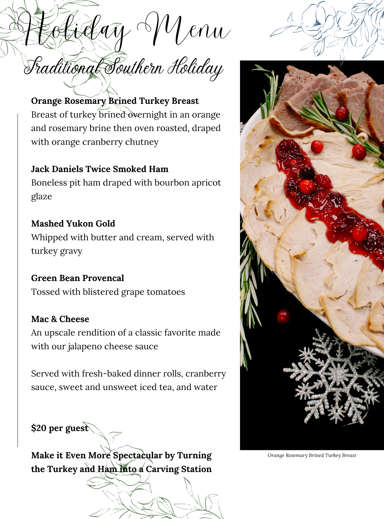 A platter with sliced turkey breast garnished with cranberries, next to a menu titled Holiday Menu listing dishes like smoked ham, mashed Yukon gold, and green bean Provencal.