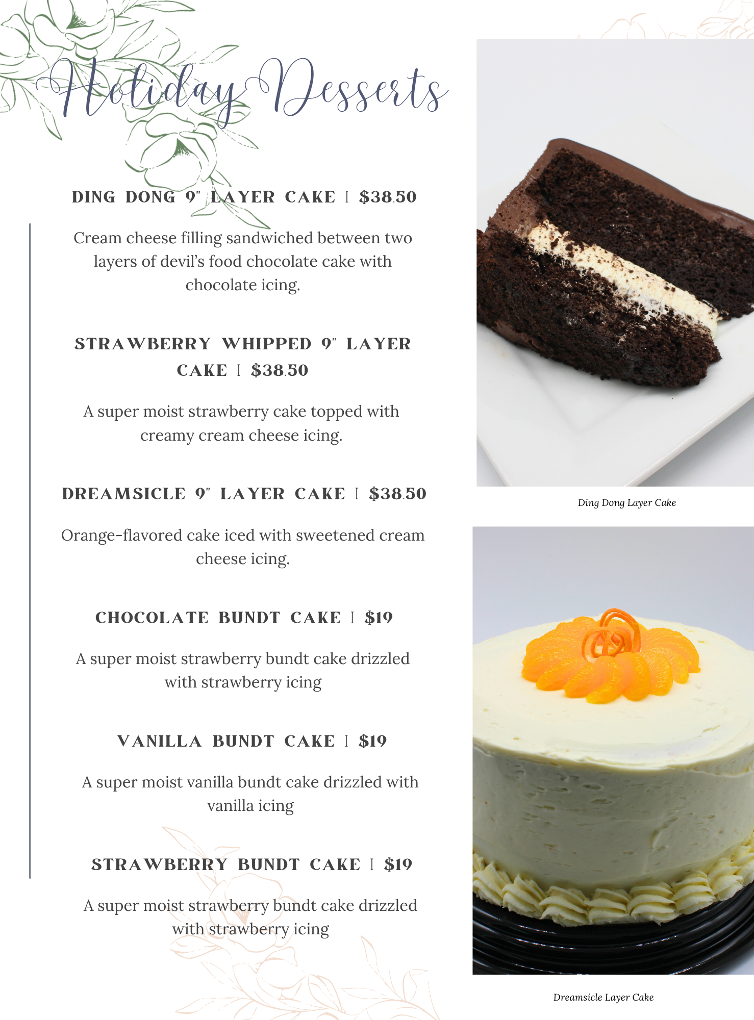 A dessert menu with images of chocolate layer cake and a white frosted bundt cake, listing cakes like Ding Dong Layer Cake, Strawberry Bundt Cake, and Dreamsicle Layer Cake with descriptions and prices.