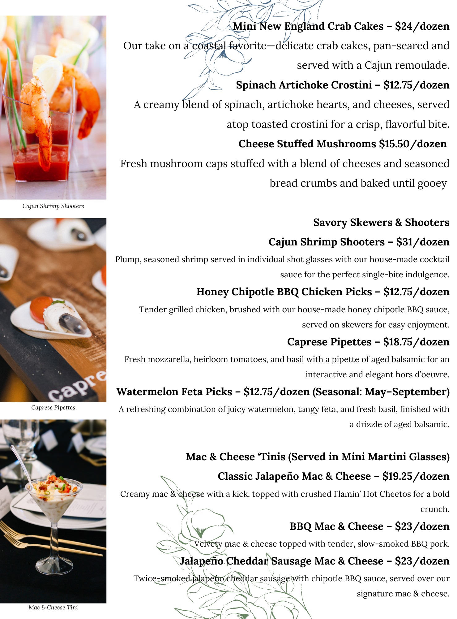 A catering menu featuring appetizers like crab cakes, spinach crostini, stuffed mushrooms, shrimp shooters, caprese pipettes, watermelon feta shooters, mac & cheese tinis, BBQ mac & cheese, and jalapeño mac.