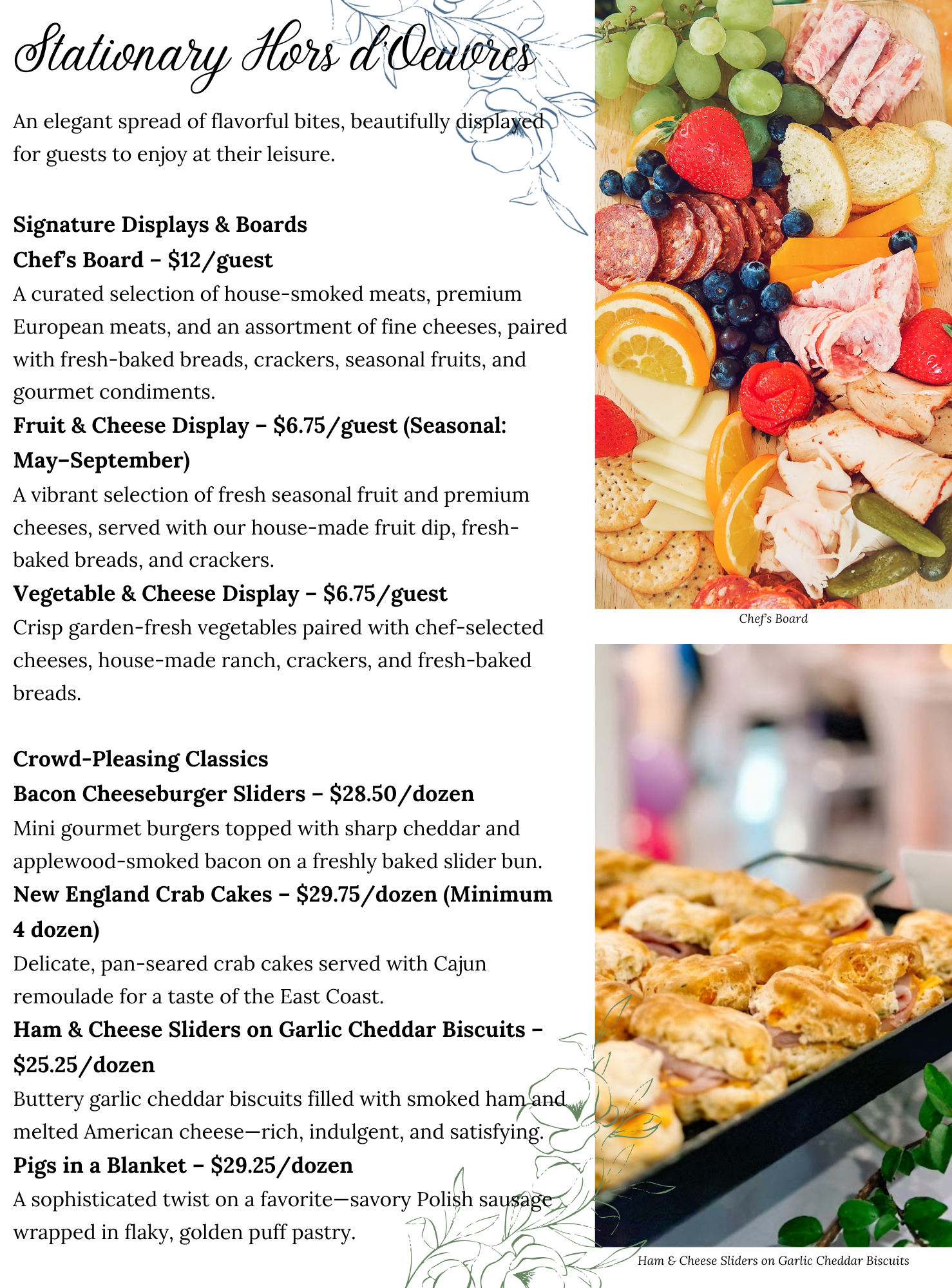 A catering menu showing options and prices for hors doeuvres, with images of a charcuterie board and ham and cheese sliders on biscuits alongside the menu items and descriptions.