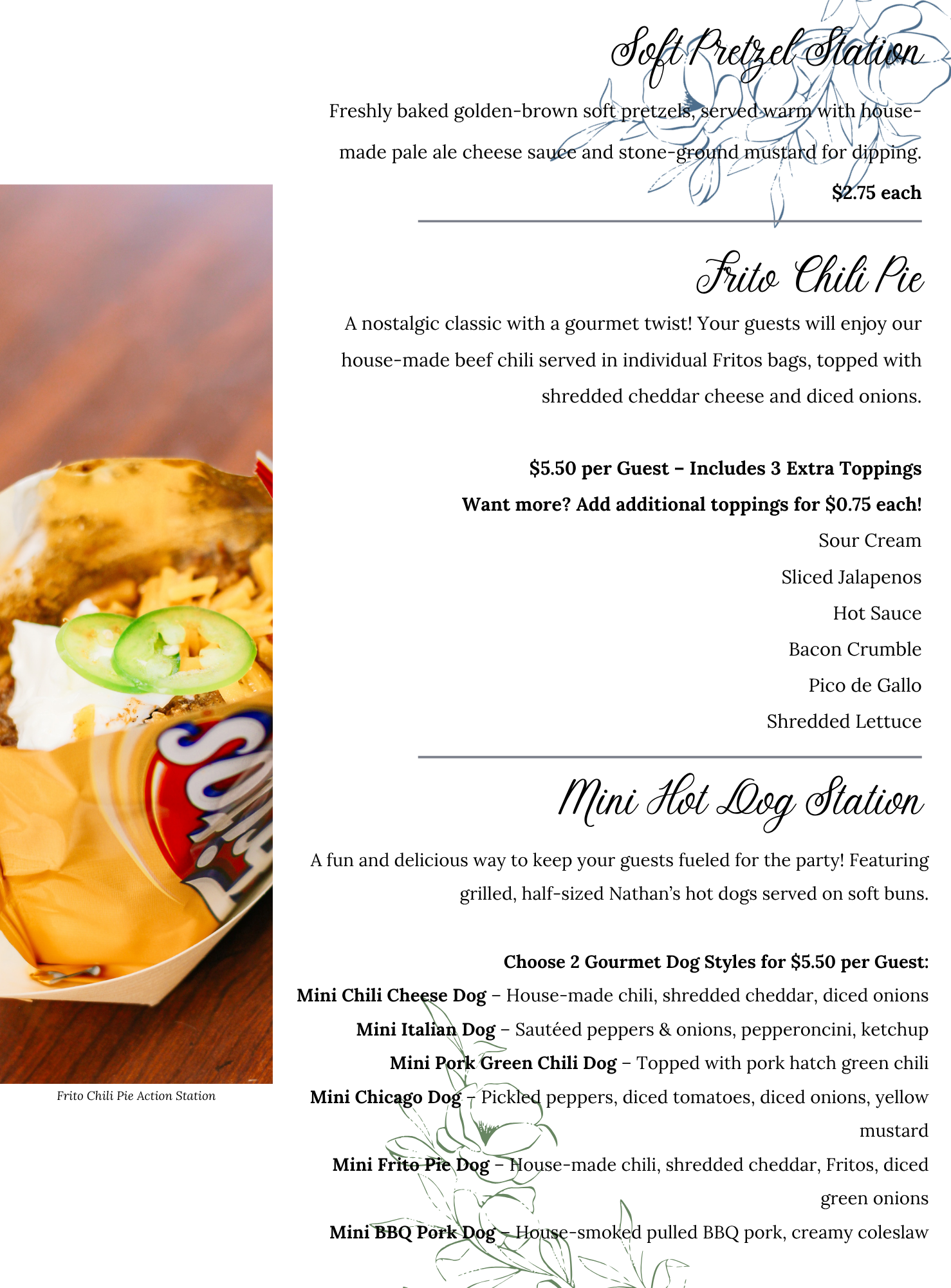 A catering menu displays stations for soft pretzels, Frito chili pie, and mini hot dogs, with descriptions, prices, and topping options for each, featuring a photo of Frito chili pie at the bottom left.