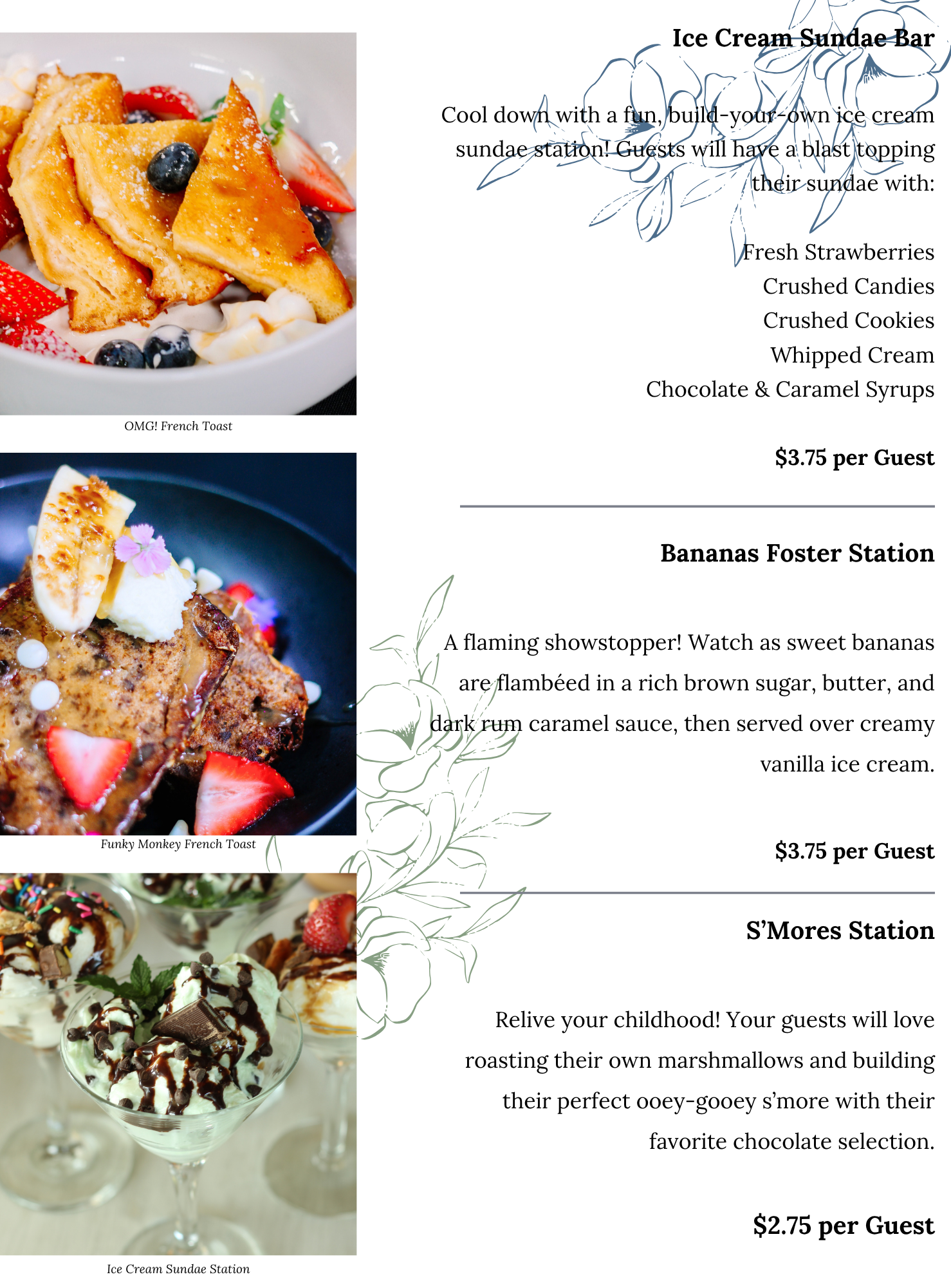 Three plated desserts: a fruity ice cream sundae, caramelized bananas foster over French toast, and a smores sundae, each with berries or toppings, next to a menu listing themed dessert bar stations with descriptions and prices.