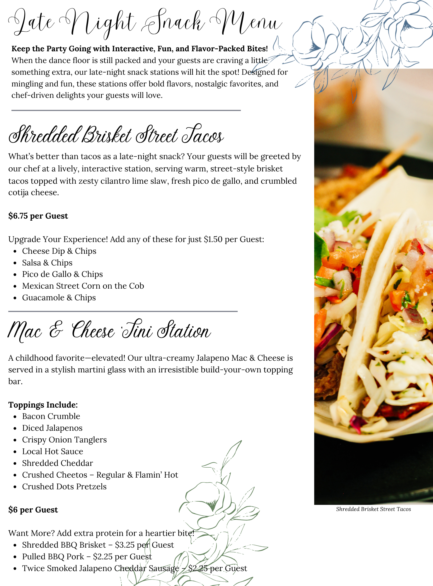 A catering menu with a close-up photo of shredded brisket street tacos topped with cilantro, onion, and salsa. The menu lists taco and mac & cheese bar options with add-ons and pricing.