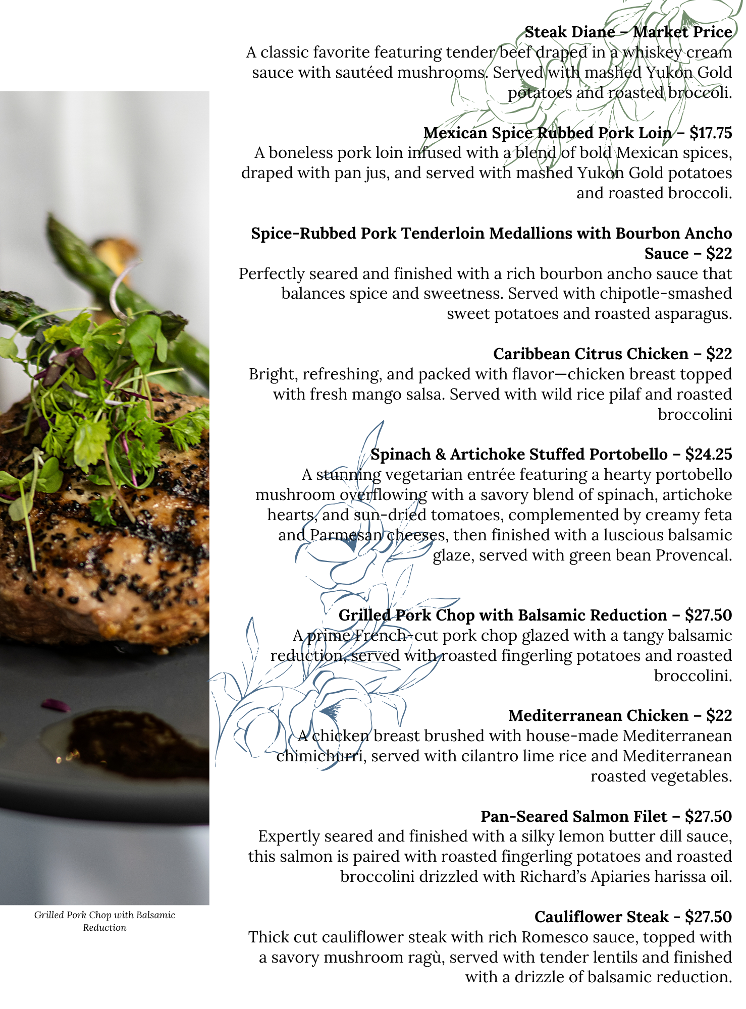 Plated Meal Menu 2 A restaurant menu with steak, pork, chicken, and vegetarian entrées, each described with ingredients and prices. Green garnish decorates the menu. Bottom left features a small photo of grilled pork chop with balsamic reduction.