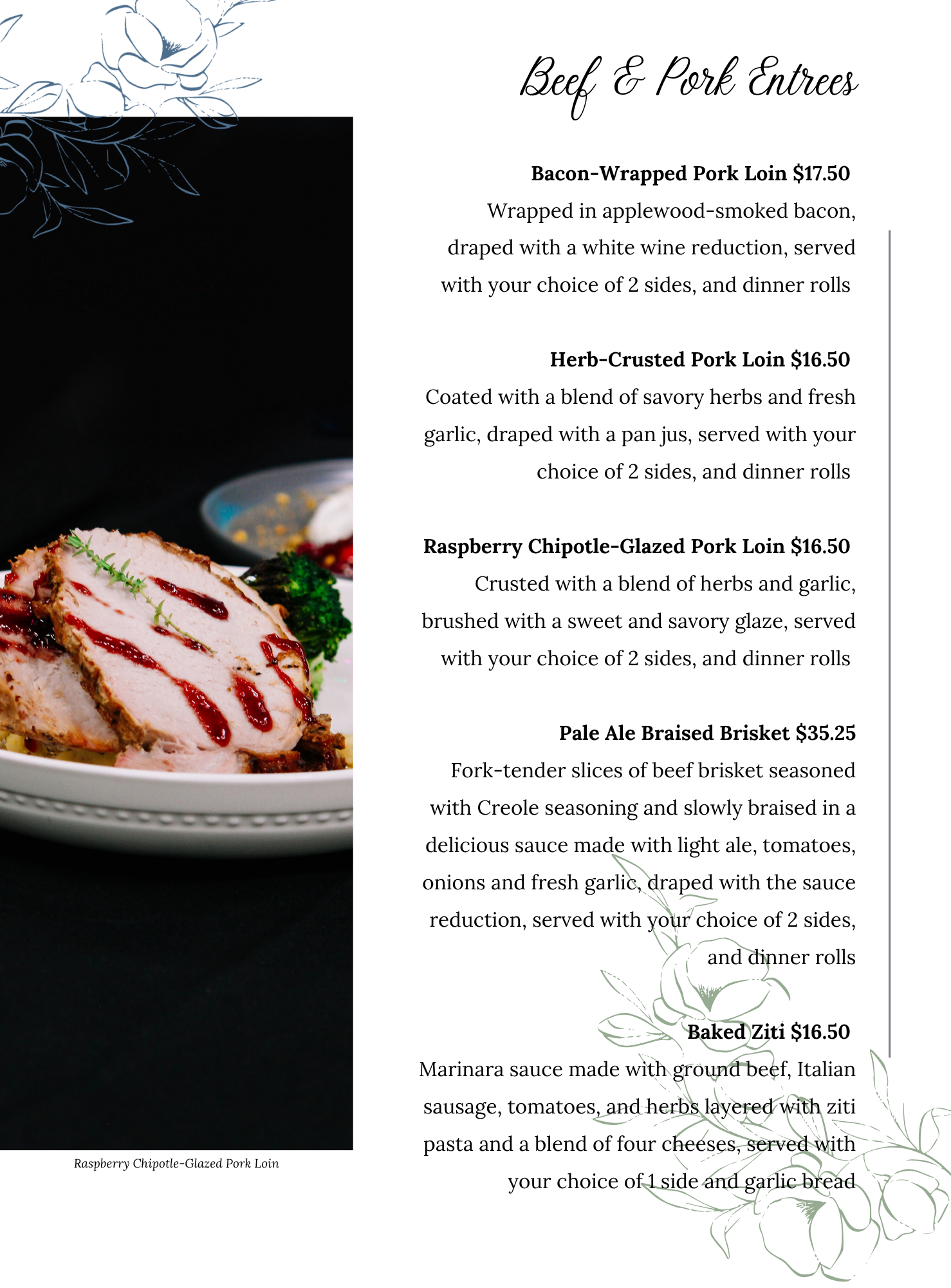 Social & Corporate Menu 2 A restaurant menu page with Beef & Pork Entrees listed, including dishes like Bacon-Wrapped Pork Loin, Herb-Crusted Pork Loin, and Baked Ziti, with a food photo beside the descriptions.