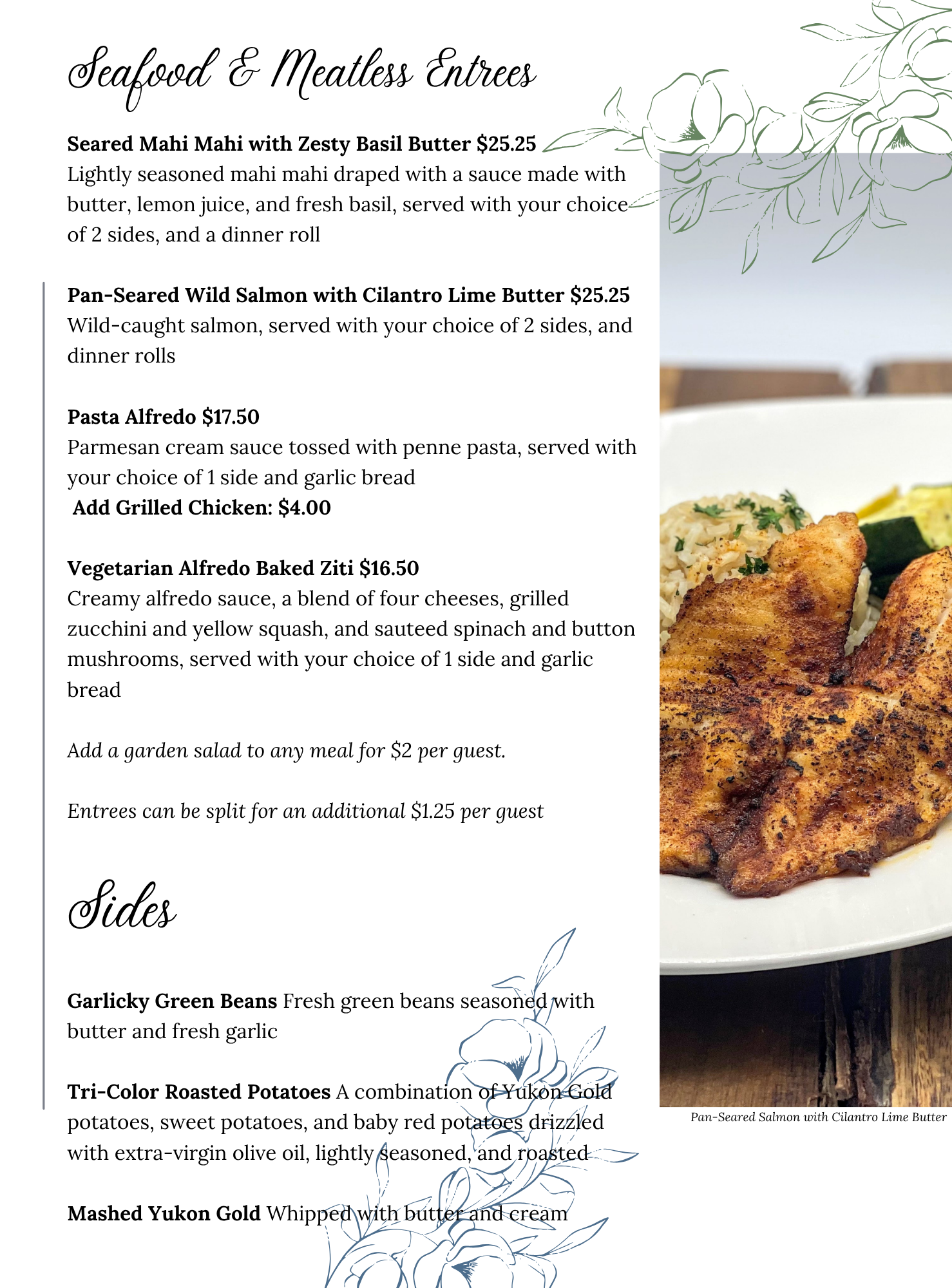 Social & Corporate Menu (2) A menu featuring seafood and meatless entrees with descriptions and prices, alongside a photo of pan-seared salmon with veggies, rice, and lemon wedge. Sides and add-ons are listed at the bottom.