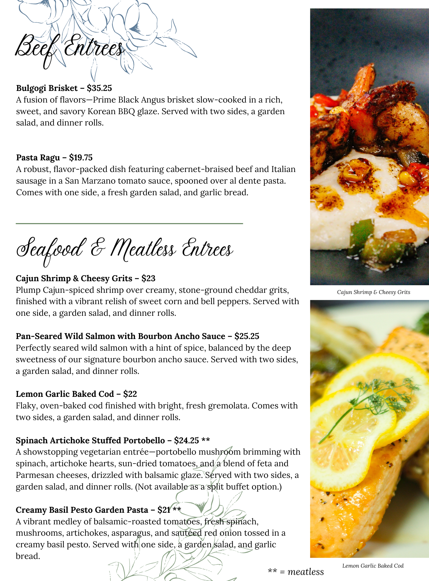 Wedding Menu 3 A restaurant menu with sections for Beef Entrées and Seafood & Meatless Entrées, listing dishes with descriptions and prices. Two small food images are included: shrimp and grits, and garlic baked cod.