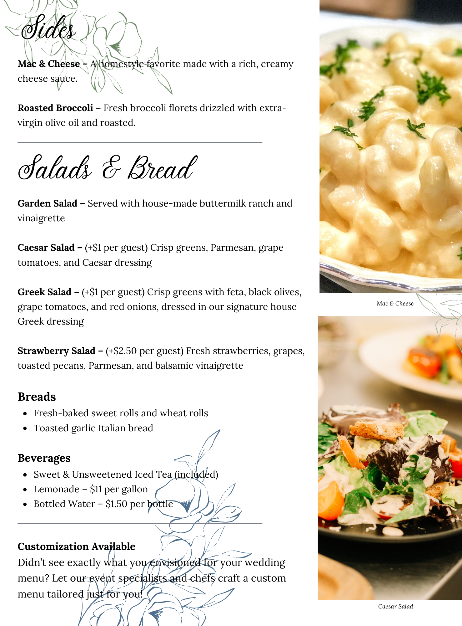 Wedding Menu 5 A restaurant menu page with sections for Sides, Salads & Bread, and Beverages, featuring dishes like mac & cheese, roasted broccoli, Caesar salad, and images of mac & cheese and Caesar salad.