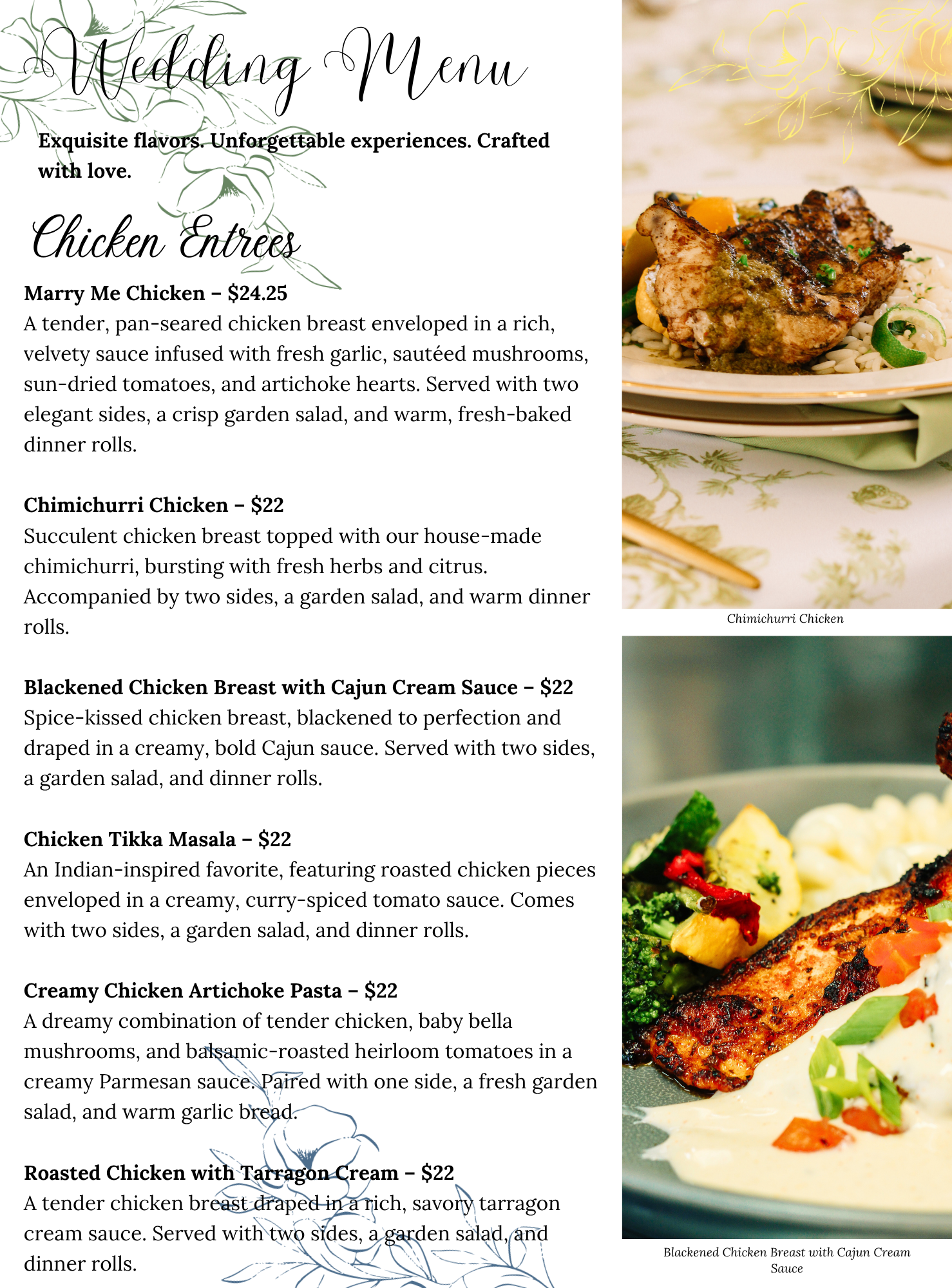 Wedding Menu A wedding menu features elegant text and images of plated chicken dishes, highlighting several chicken entrees with detailed descriptions and pricing on a stylish, leafy design background.